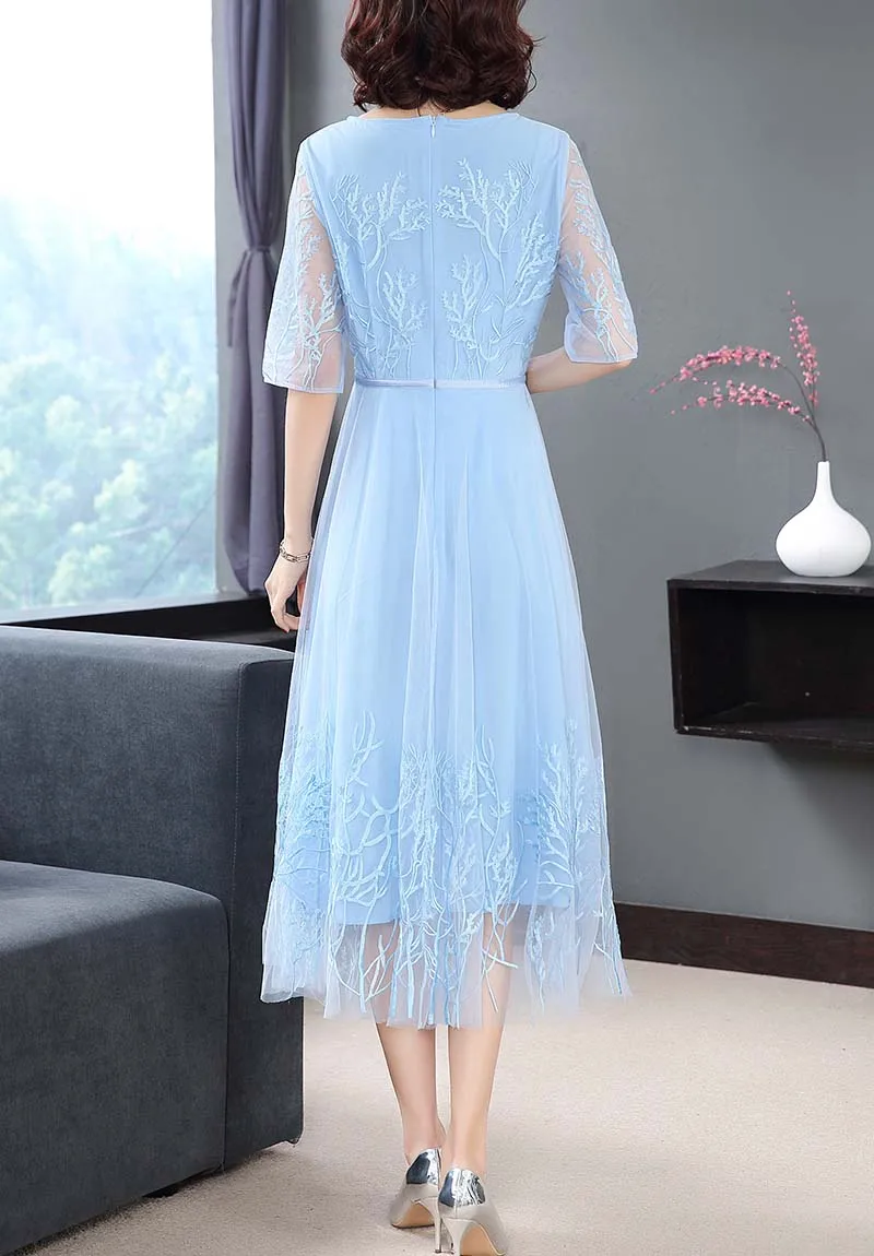 spring women Party style floral blue dress Mesh Heavy work embroidery Water flower Hollow sleeve section Slim S-XL | Женская одежда