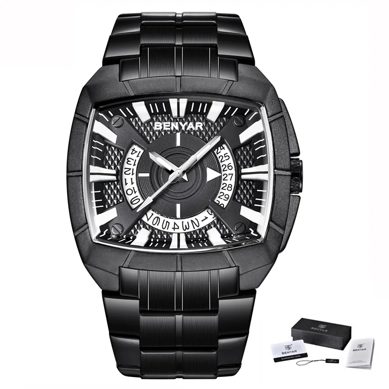 Black White Benyar мужские часы Топ люксовый бренд военные Reloj Hombre Стальные кварцевые часы водонепроницаемые спортивные повседневные наручные часы Montre Homme - Цвет: Black White