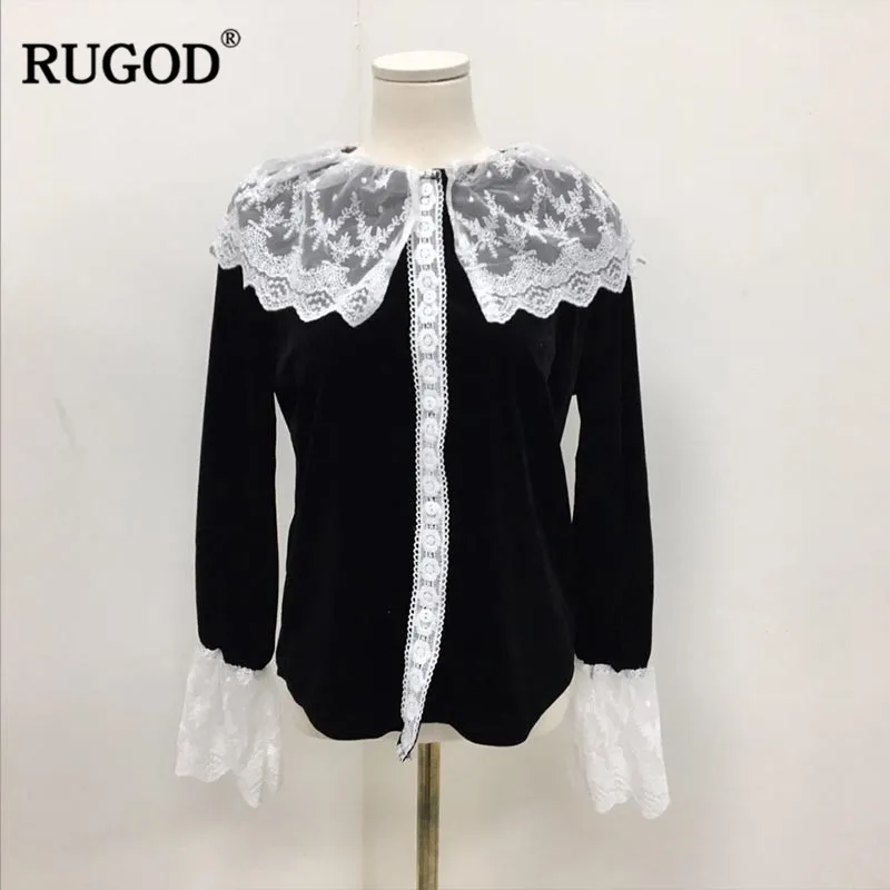 Женская винтажная блузка RUGOD черная однотонная в стиле пэчворк с длинными