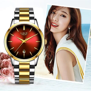 Часы наручные LIGE женские кварцевые, люксовые Брендовые повседневные с браслетом из нержавеющей стали, с коробкой