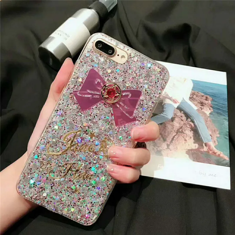 Ayeena Phone Case For iPhone 7 8 Shinning Glitter Bling Love Heart Bow Back Cover Capa Coque iPhone7 6 6s Plus X Fundas Caja |