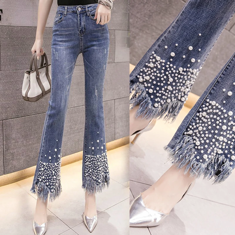 Summer Spring Fashion Women Female High Waisted Pearl Beading Tassel Flare Jeans Pants , Woman Stretch Irregular Denim Trousers