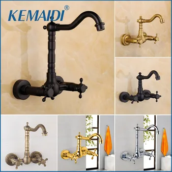 KEMAIDI 360 Swivel Antique Brass Bathroom Basin Sink Mix Tap Dual Handles Wall Mounted Kitchen Basin Sink Mixer Faucet