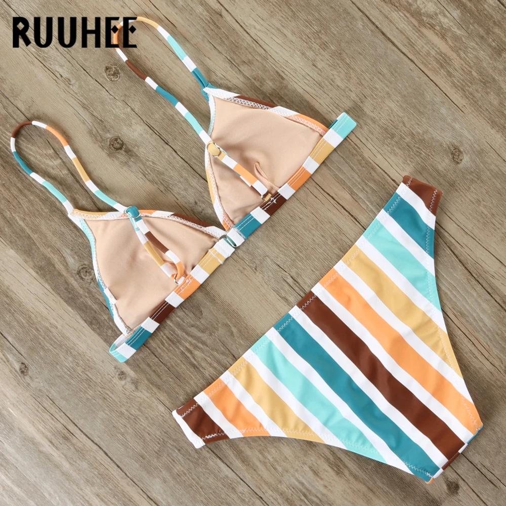 Купальник RUUHEE, женское бикини,, полосатый купальник, купальник, женский бикини, набор, пуш-ап, для женщин, низкая талия, летняя пляжная одежда