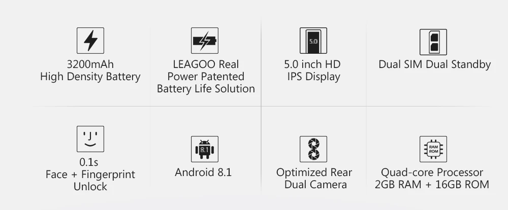 Мобильный телефон LEAGOO power 2, 2 ГБ, 16 ГБ, Android 8,1, 5,0 дюйма, HD MTK6580A, четыре ядра, Face ID, 3200 мАч, две sim-карты, 8 Мп, двойная камера, смартфон