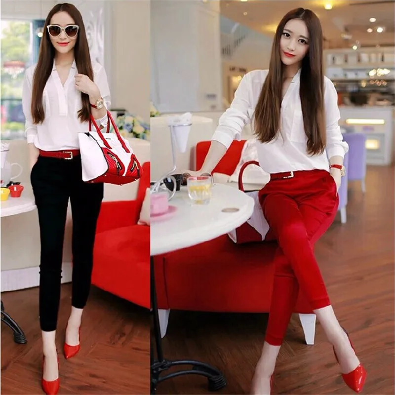Женский брючный костюм двойка однотонный Белый Топ красные капри до щиколотки с