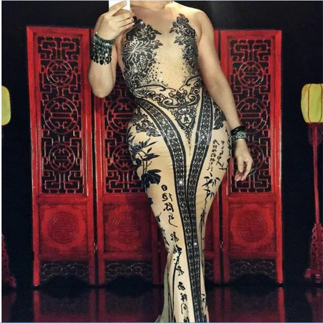 

Модное Длинное Платье с принтом в виде бамбука, яркий цельный костюм с кристаллами для женщин, певиц, Nigjtclub, одежда для вечеринок