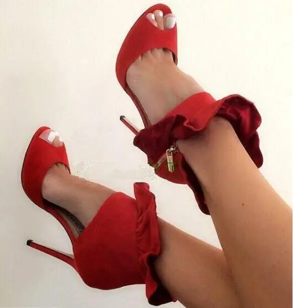 

Пикантные красные замшевые женские босоножки с оборками Женские туфли-лодочки с открытым носком свадебные туфли на высоком тонком каблуке с вырезами свадебные туфли на заказ размера плюс 10