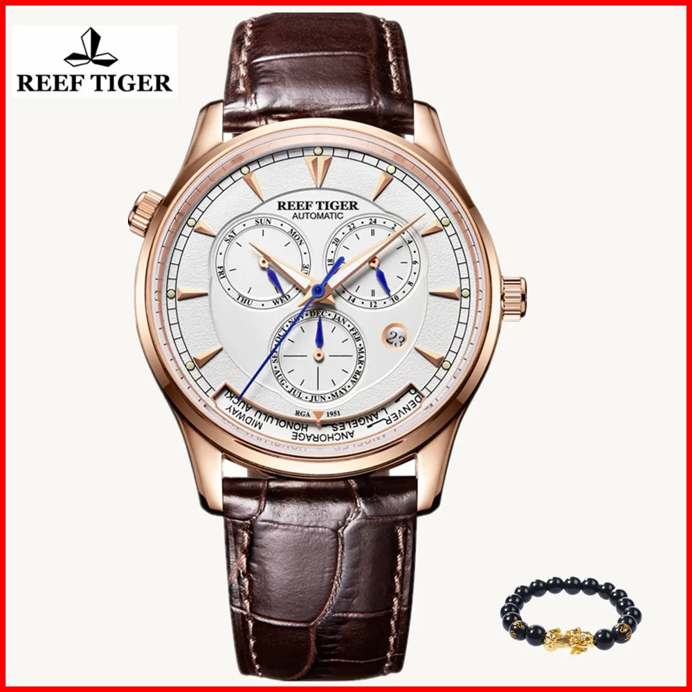 Reef Tiger/RT Мужские автоматические часы World Time Дата день месяц розовое золото кожа спортивные многофункциональные водонепроницаемые часы RGA1951