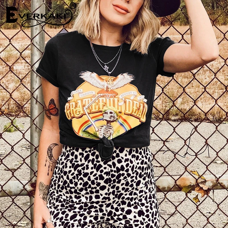 Everkaki Boho винтажные футболки с принтом Топ для женщин хлопок короткий рукав блогер