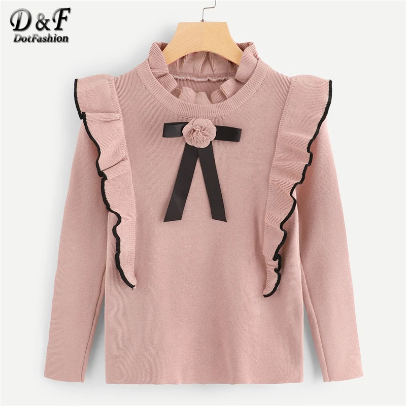 Dotfashion розовый свитер с оборками и цветочной отделкой, Женский Повседневный свитер, осень, стиль, стоячий воротник, длинный рукав, пуловер, джемпер