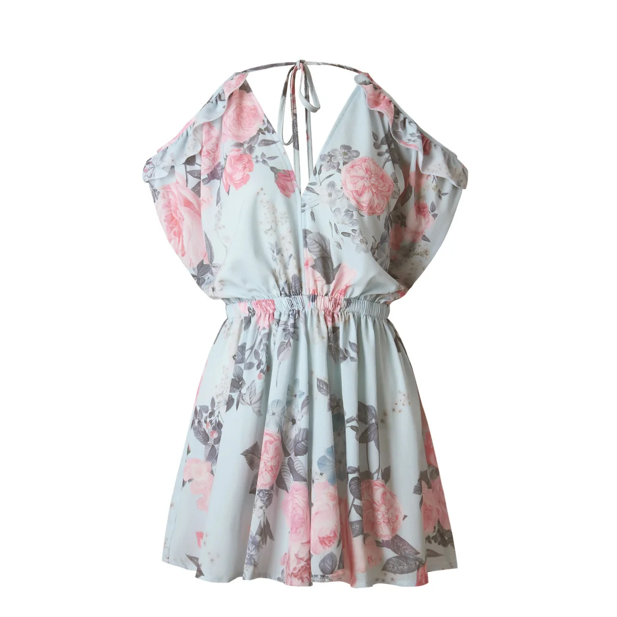 Женский свободный комбинезон с открытыми плечами v образным вырезом цветочным