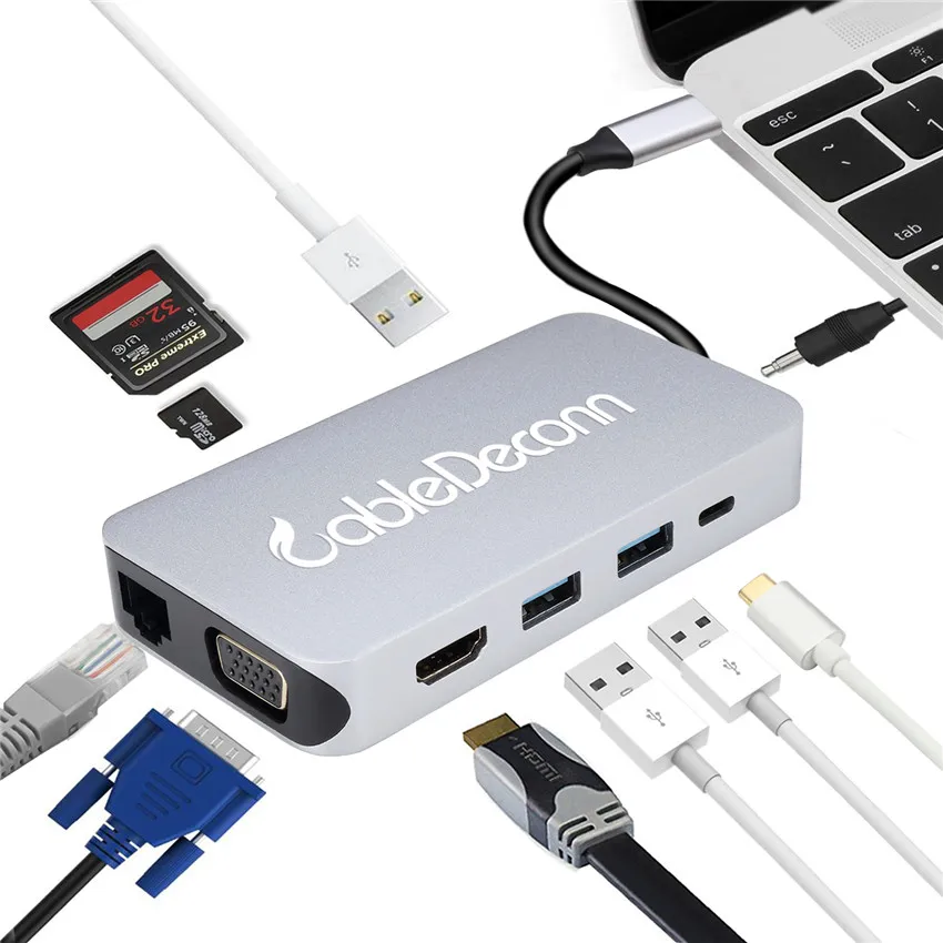 Концентратор USB Type C к HDMI 4K * 2K VGA RJ45 TF SD Reader слот конвертер адаптер для MacBook Samsung Dex S8