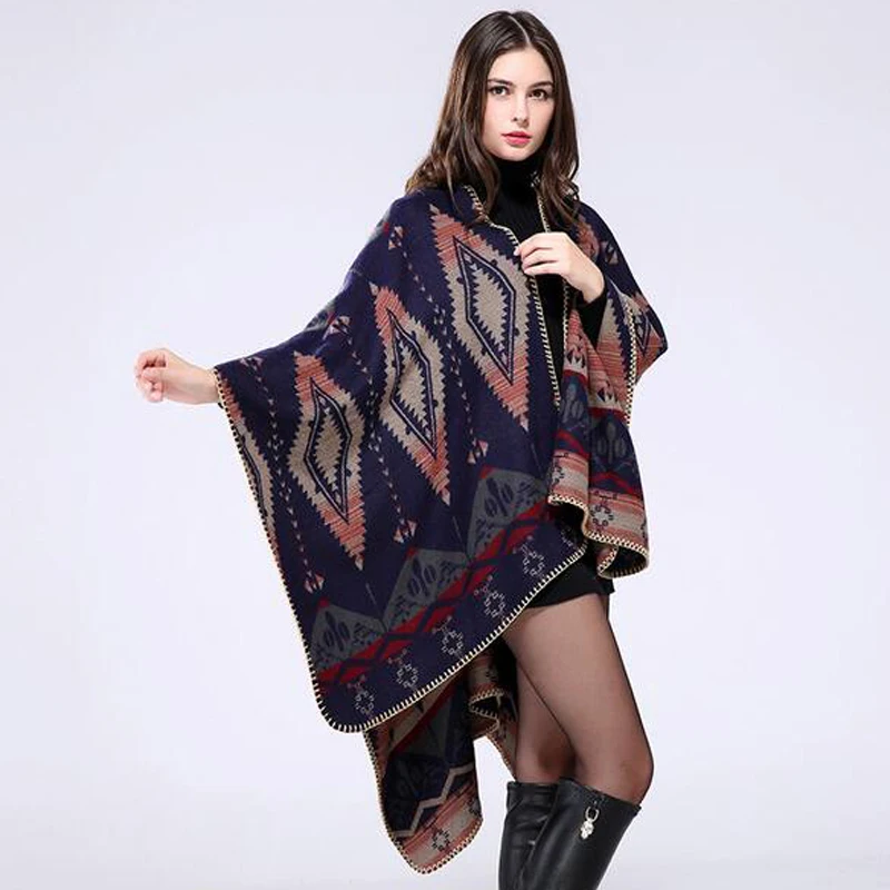 Ацтекское Женское зимнее кашемировое двустороннее одеяло в клетку пончо накидка