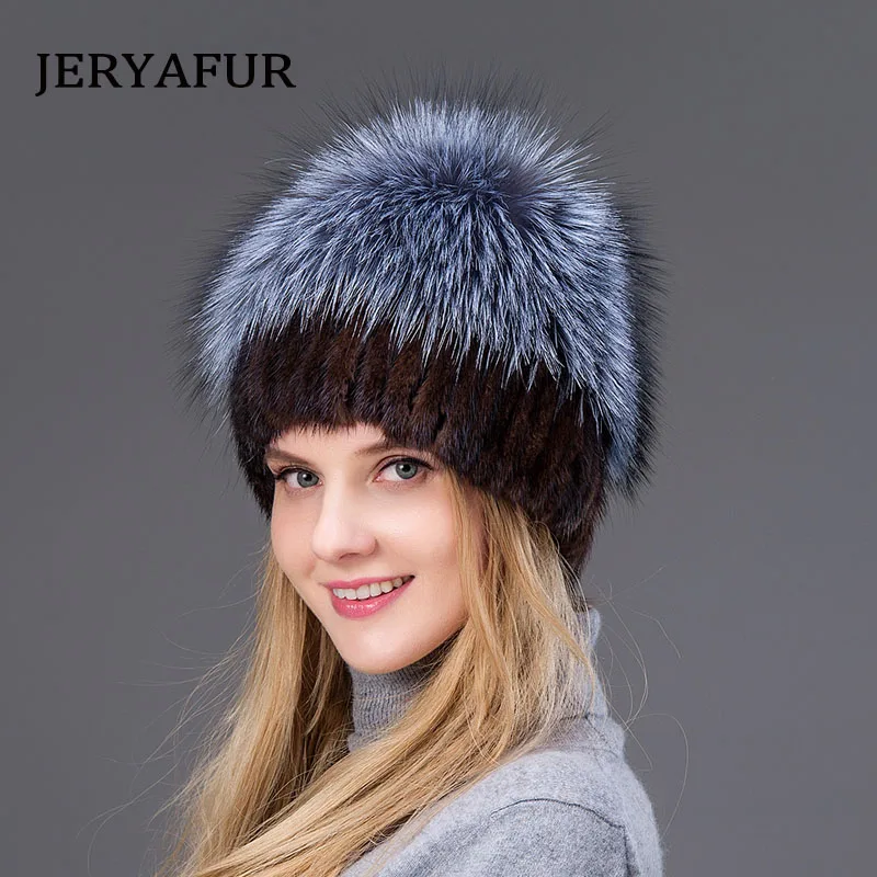JERYAFUR, женские новые меховые шапки для зимы, меховая шапка из натуральной норки, мех серебристой лисы, помпоны, вязаная шапка, новинка, распродажа, меховые шапки