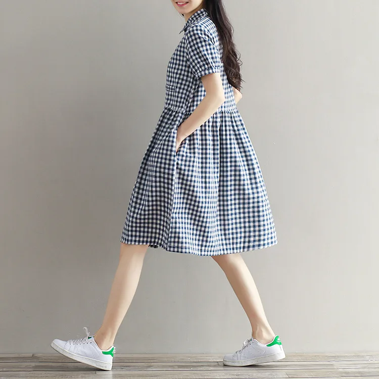 Женское хлопковое льняное платье в клетку летнее свободное Повседневное с