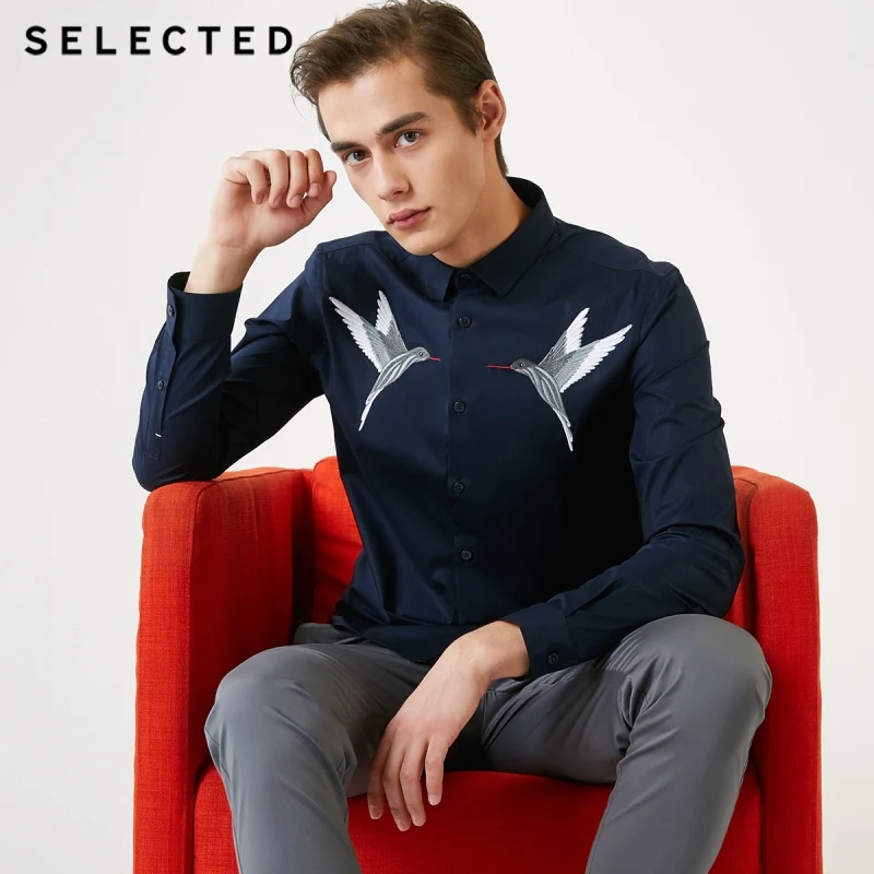 SELECTED Men's Hummingbird Embroidery Slim Fit Long sleeved Shirt S|419105521|Повседневные рубашки| |
