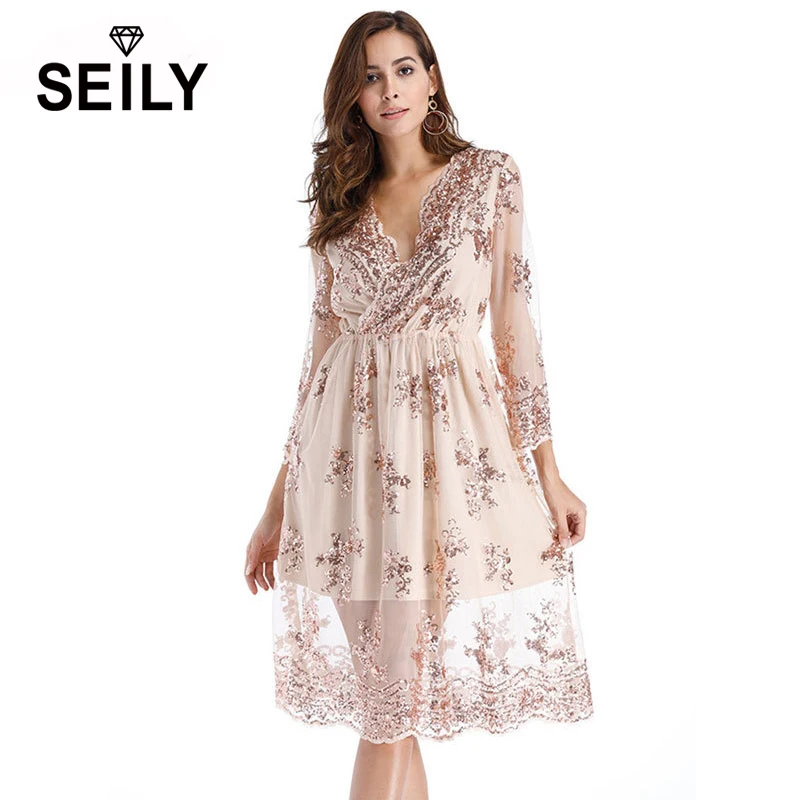 Женское кружевное платье миди с вышивкой и блестками рукавом 3/4|robe sexy femme|robe sexymidi