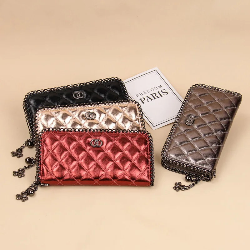 

Wallet Women Trend Cool Chain Around Wallets Female Genuine Leather Wrist Purse Clutch Card Holder Red Purse for Coins Fashion