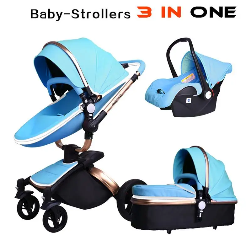 Babyfond 3 в 1 Роскошная Европейская детская коляска, кожаная Двусторонняя амортизационная коляска, брендовая детская коляска 2 в 1, золотисто-коричневая, бесплатные подарки - Цвет: Blue 3 IN 1