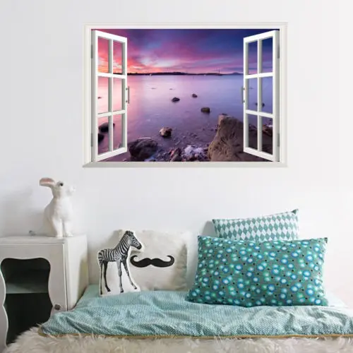 3D окна морской пляж вид пейзаж художественные виниловые наклейки на стены