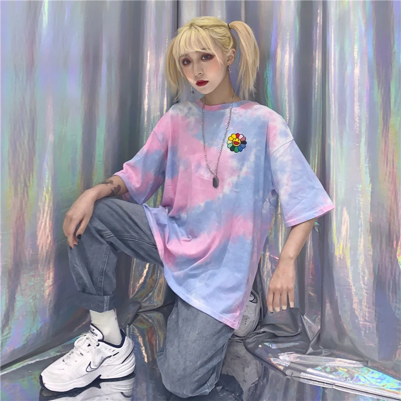 see chart Модная футболка женская летняя одежда корейский стиль Ulzzang Harajuku Цветочные Emboridery галстук окрашенная Футболка женская Повседневная рубашка Топ - Цвет: see chart