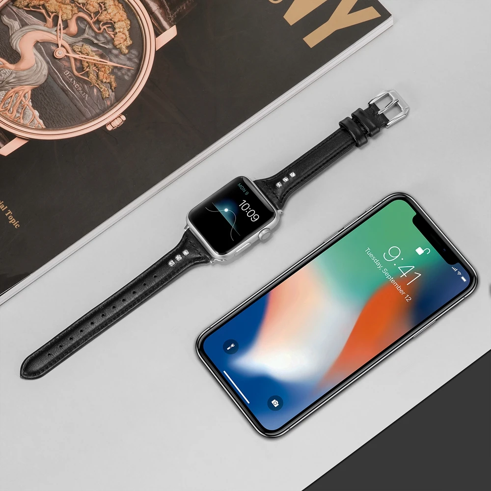 Роскошный Бриллиантовый ремешок со стразами для apple watch 44 мм 42 40 38 кожаный iWatch series 1