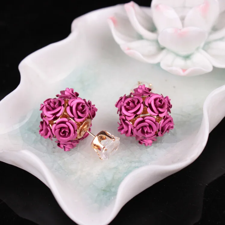 Мода двойными бортами розы серьги золотые Кристалл циркония Цветочная короны