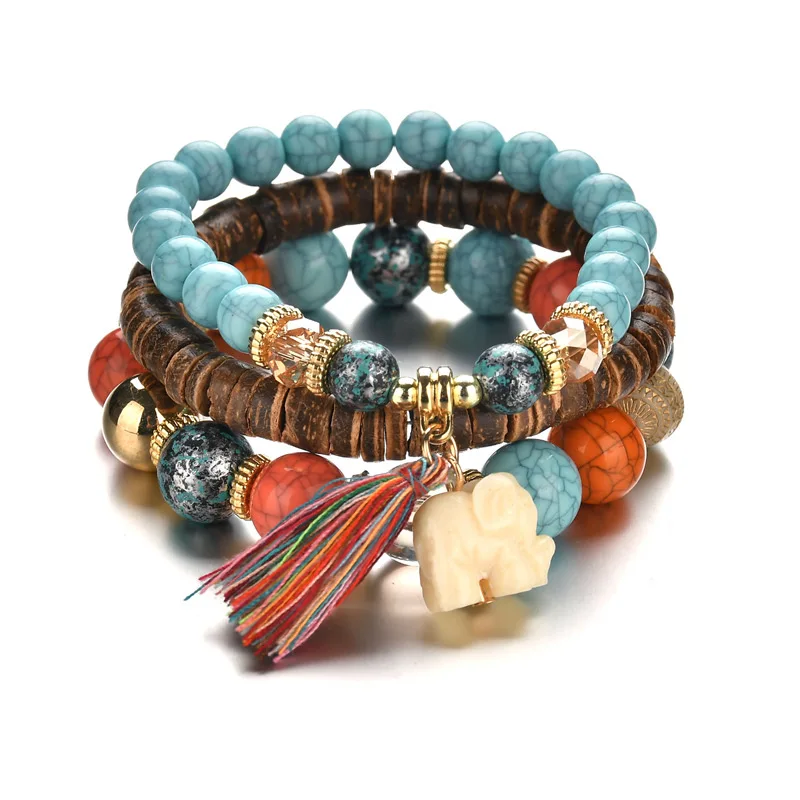 

2019 Bohemia Multi-layer Wooden Beaded Pendant Men Bracelets Elephant Tassel Statement Bracelets Bangle Women Men Bracelet 2019