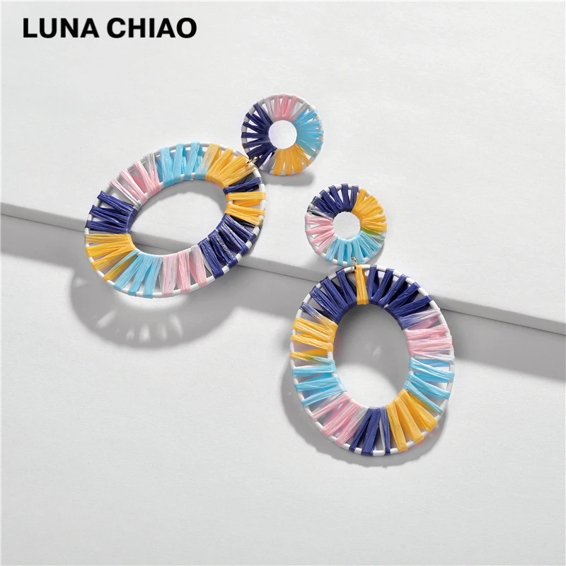 Женские Разноцветные серьги LUNA CHIAO большие овальные из соломы с радужной