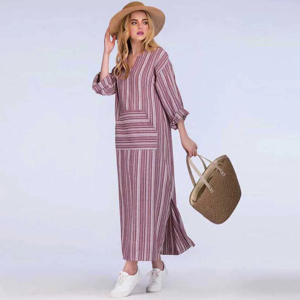 Vestidos verano 2018 Для женщин летнее платье в богемном стиле полоску с длинными рукавами
