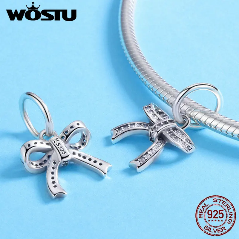 WOSTU подлинный 925 пробы Серебряный бант Кристалл CZ кулон подходит браслет ожерелье Женская мода ювелирные изделия CQC775