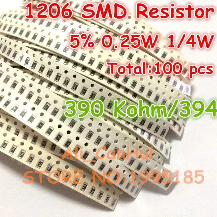 

100pcs/lot 1206 5% 390 Kohm 390K 394 1/4W 0.25W SMD Resistor 3.2*1.6mm