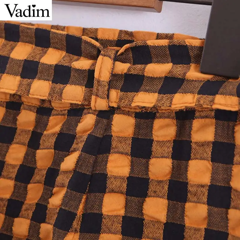 Вадим элегантные женские желтый plaid ruffled midi wrap skirt талии галстук-бабочка Дизайн