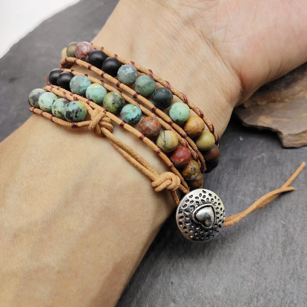 Топ винтажные кожаные браслеты 6 мм матовый камень 3 браслет из переплетенных