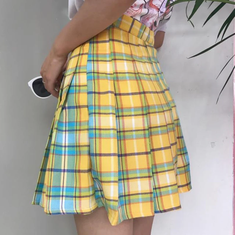 Yellow Новинка! Юбка в радужную клетку, женская, кавайная, Harajuku, Мини, плиссированная юбка, корейская форма, юбка миди, милая, с высокой талией, сексуальная, женская, низ - Цвет: Yellow