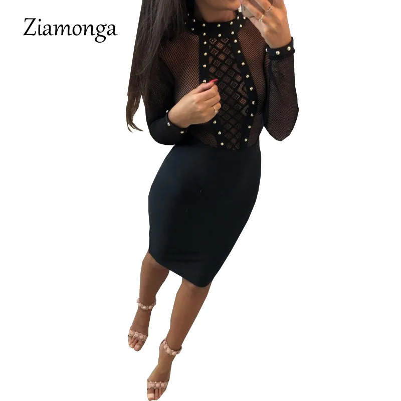 Платье для ночного клуба Ziamonga, бандажное, с прозрачными вставками из сетки, с вырезами, на длинных рукавах и высокой горловиной.