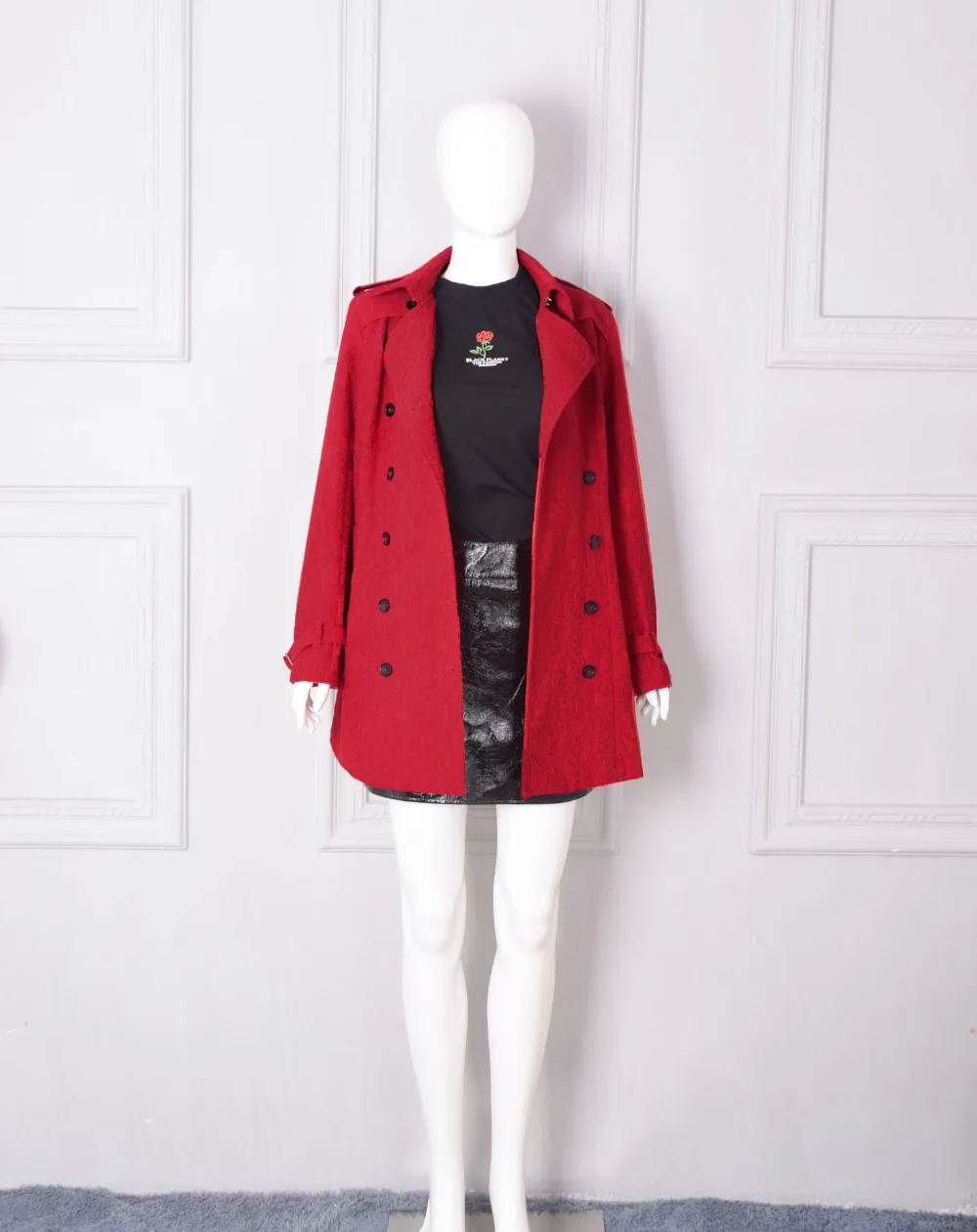 Для женщин Тренч 2018 осень красный кружевное пальто отложной Воротник Двойной