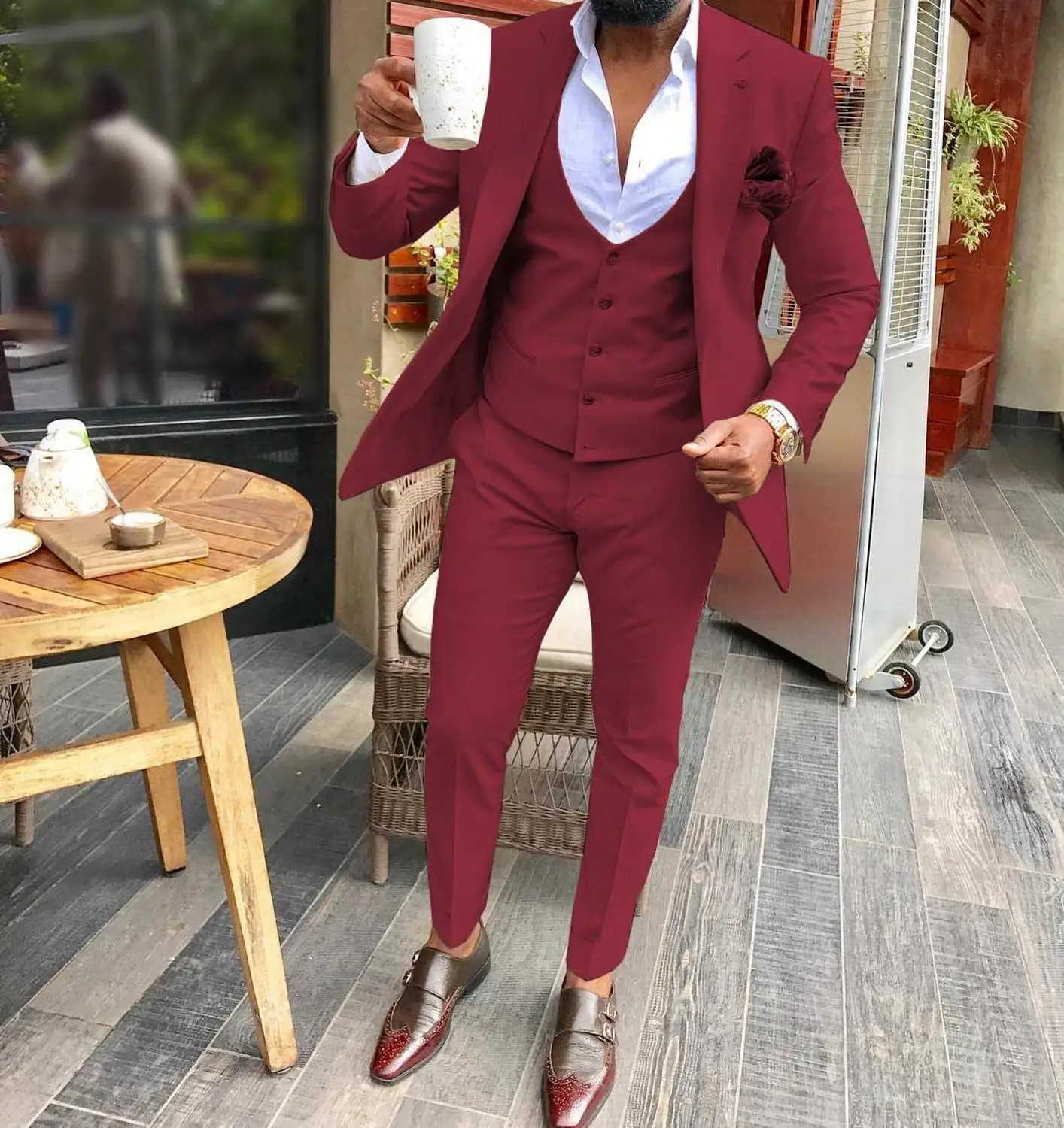 Burgundy Для мужчин костюмы Slim Fit повседневное комплект из 3 предметов Женихи армейский зеленый шампанское нагрудные деловой смокинг для Формальные - Цвет: Burgundy