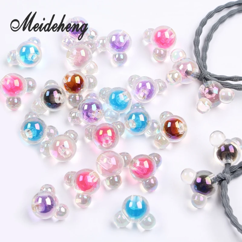 

10PC 20mm Acrylic Transparent Colorful With Internal Bead Big Hole Rainbow Mice Head Beads For Jewelry Making Hair Accessory
