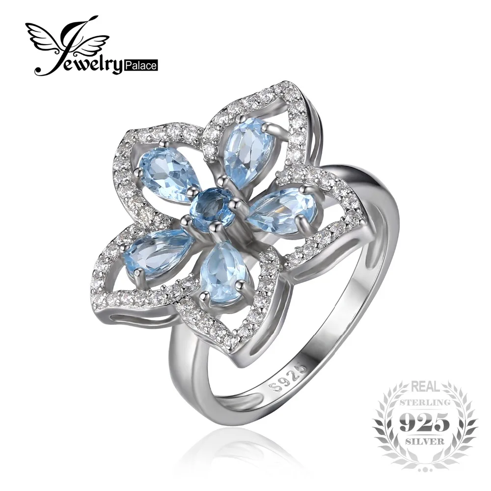 Jewelrypalace цветок 1.5ct Природный Голубой топаз коктейльное кольцо стерлингового