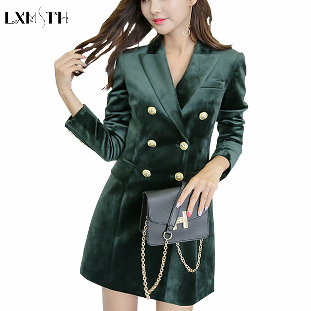 Dark green Модный бархатный блейзер на молнии сзади, куртки для женщин, двубортный тонкий женский пиджак с длинным рукавом, повседневное офисное пальто - Цвет: Dark green