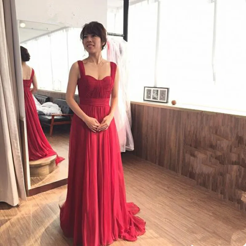 

Cheap 2019 Wide Straps Sweetheart Burgundy Chiffon Long Bridesmaid Dress vestido de festa de casamento