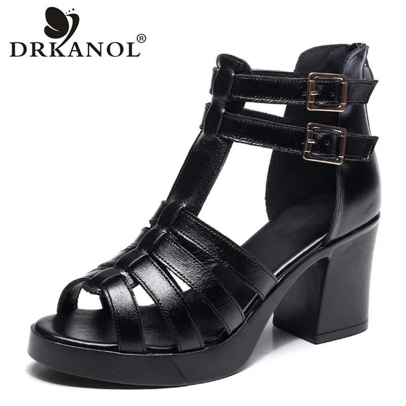 

DRKANOL 2021 Cow Leather Women Sandals Black Sexy High Heel Gladiator Sandals Cut-outs Peep Toe Buckle Summer Women Casual Shoes