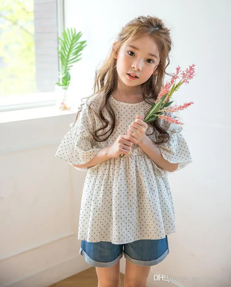 Дети Устраивает Девушки горошек печатные топы + короткие джинсовые брюки