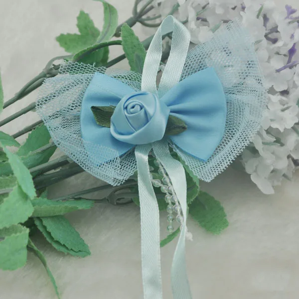 Blue 14 шт. смешанные атласные ленты цветы лук w/Лист Розы свадебные Швейные Аппликации DIY A055 - Цвет: Blue