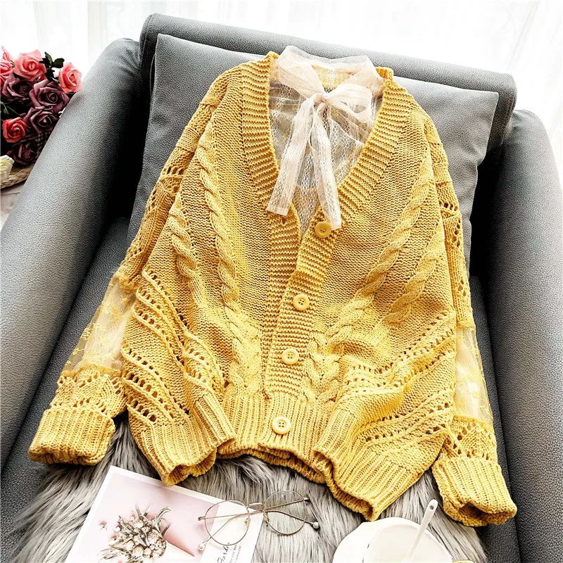 New 2019 spring hollow cardigan women's lace knitted sweater with loose foreign style and thick stick needle jacket sweaters |