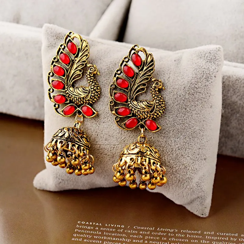 Индийские ювелирные изделия Jhumka Jhumki из золота в виде этнического павлина, серьги для женщин в винтажном стиле с черными бусинами, висячие серьги с кисточками, ювелирные изделия