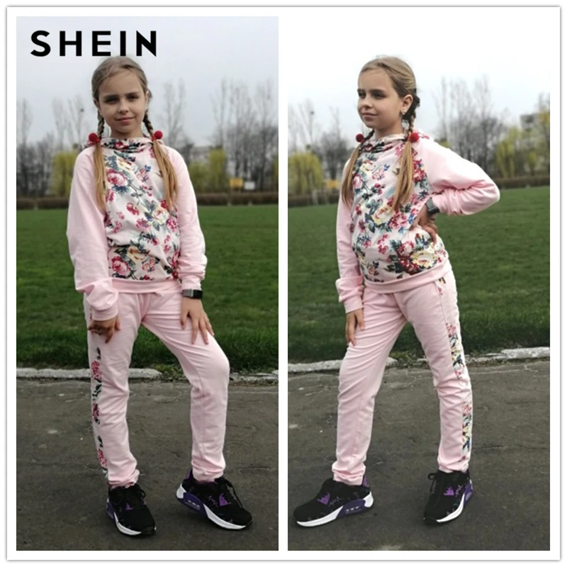 SHEIN/детская розовая толстовка с рукавами реглан и цветочным принтом и штаны, комплект из двух предметов, детская одежда для девочек г. Весенний милый костюм с длинными рукавами