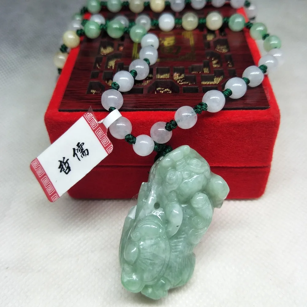 

Zhe Ru Jewelry Pure Natural Jadeite Green Money Beast Pixou Pendant Tricolor Jade Bead Necklace Send A Certificate